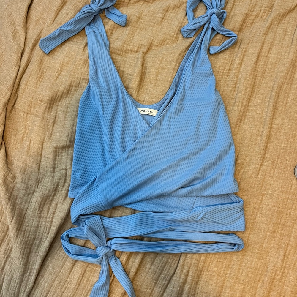 Free People Ribbed Liz Wrap Tank Sky Blue - Picture 2 of 6